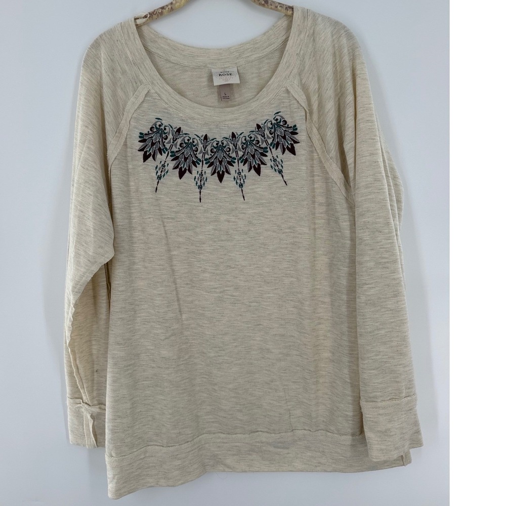 Knox Rose Womens Large Oatmeal Heather Embroidered Long Sleeve Raglan Top Boho